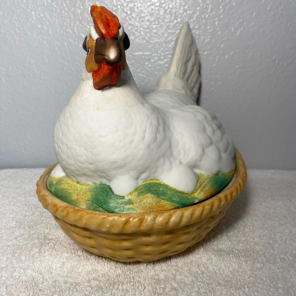 Antique Staffordshire Bisque Porcelain Hen Chicken on Nest Sitting on Eggs Bowl - Picture 2 of 10
